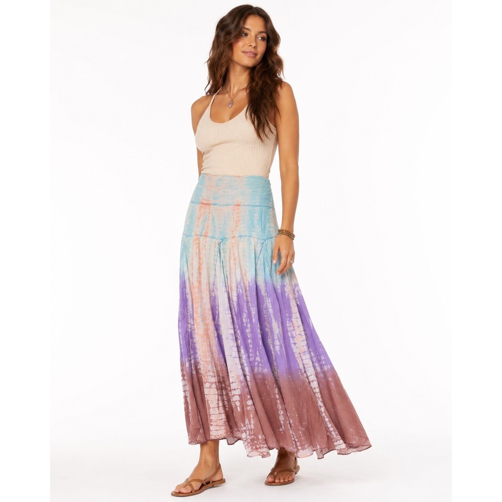 Boho Tie Dye Maxi Skirt Medium Blue Purple Foldover Waist Festival Hippie